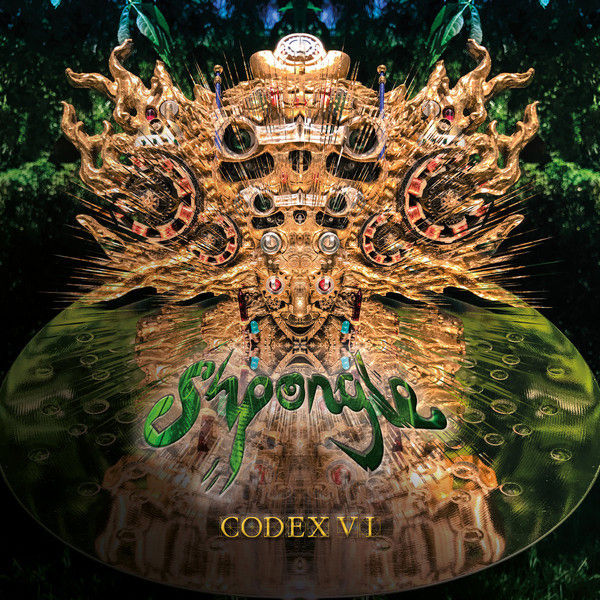 Codex VI album artwork: a gold mechanical mask above green Shpongle lettering and the album title, reflected in dark water