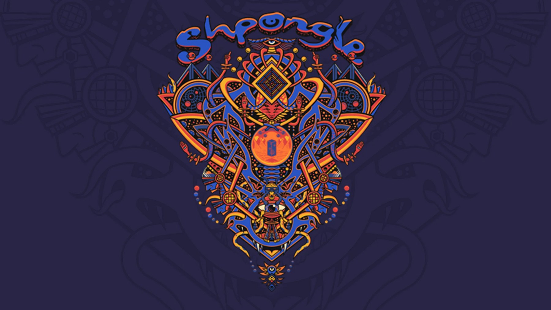 Shpongle 2026 US tour artwork: a kaleidoscopic blue, orange, and gold emblem of masks, eyes, and sacred geometry under dripping Shpongle lettering