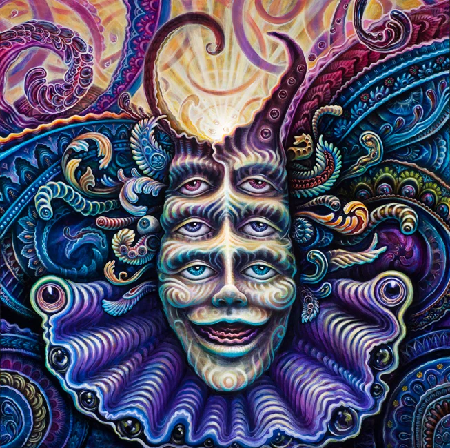 The Shpongle mask painted by Randal Roberts and Morgan Mandala: a swirling psychedelic portrait of the many-eyed mask in purple, blue, and gold