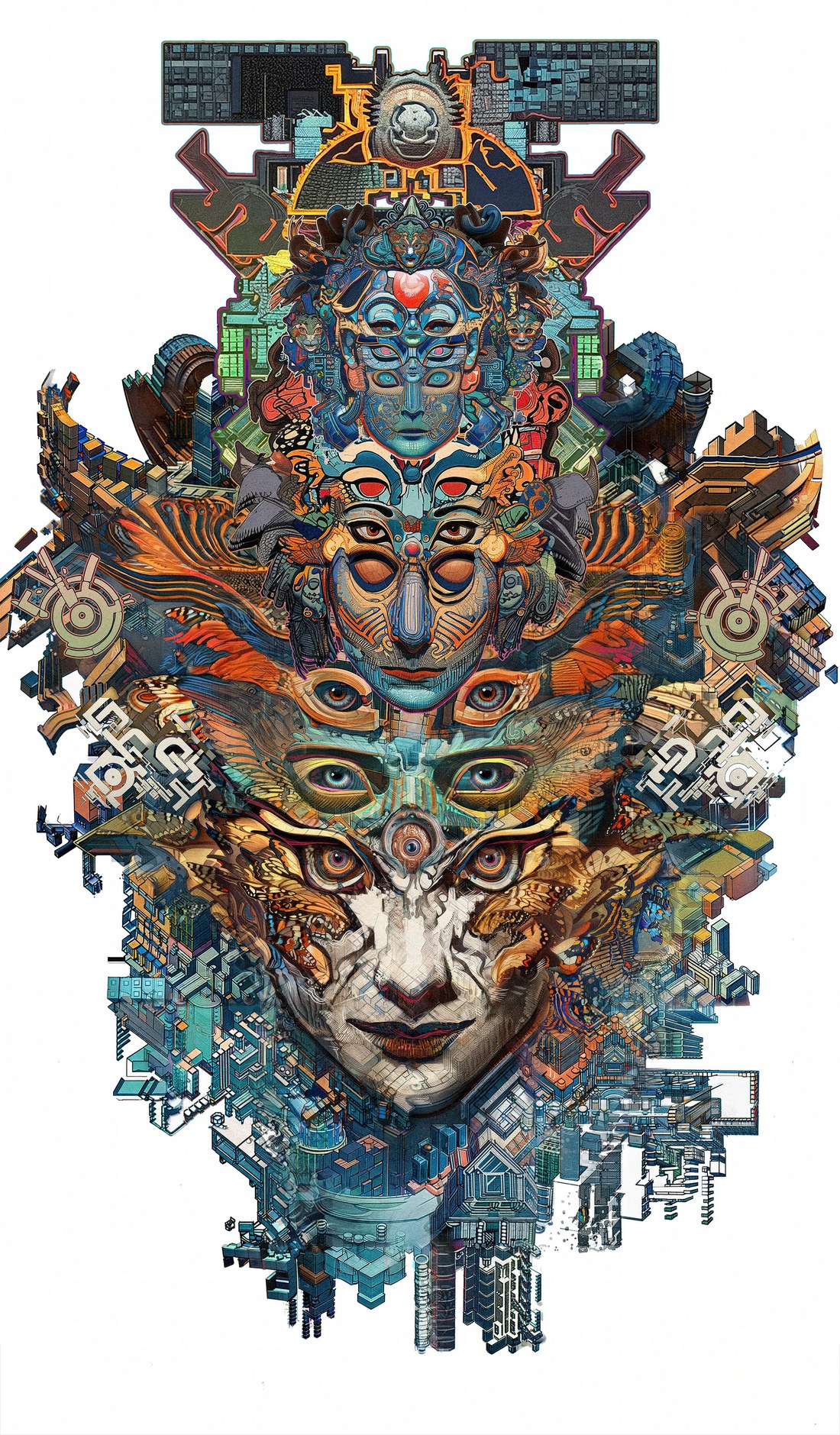 Meta Mask by Android Jones: a towering stack of ornate digital masks and faces — the Shpongle mask reimagined as a cathedral of smaller masks, eyes, and circuitry