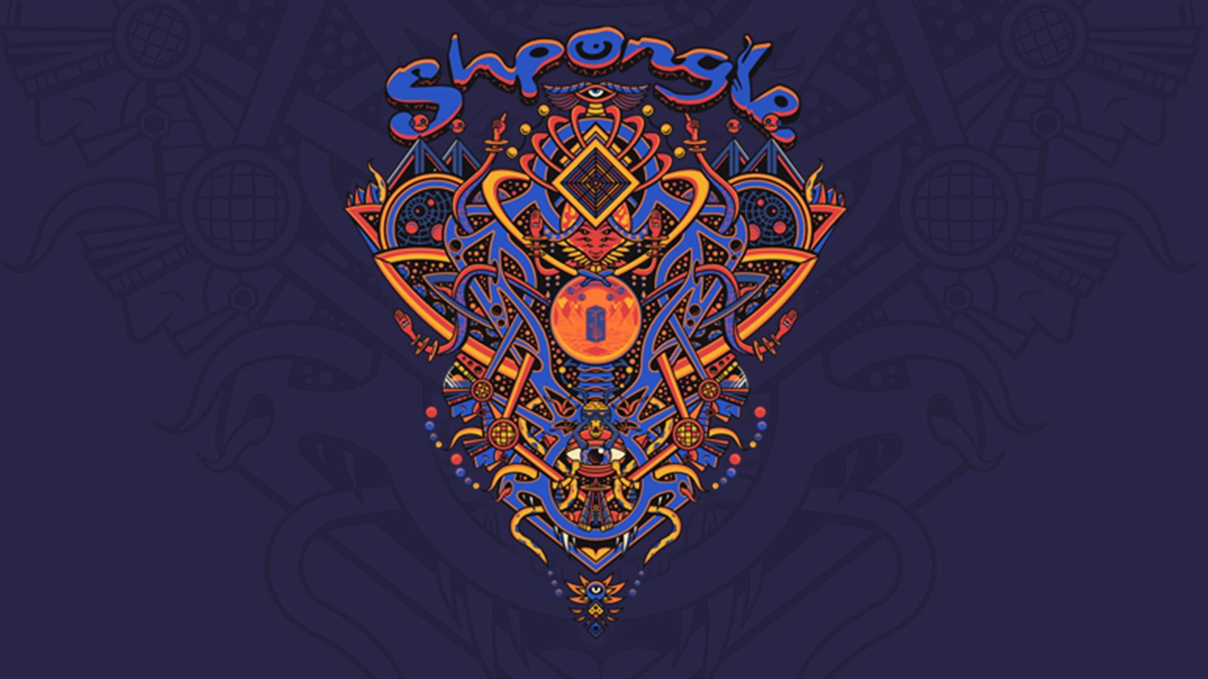 Shpongle 2026 tour artwork, blue and gold masks, eyes and sacred geometry